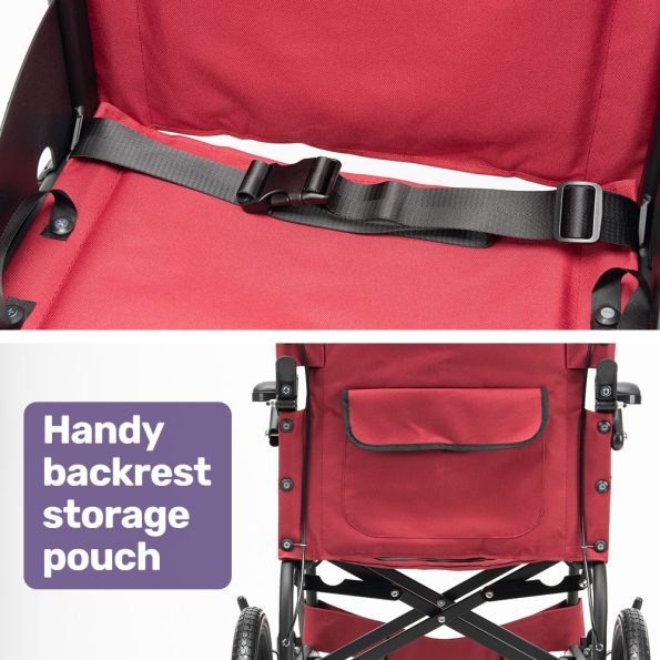 Equipmed Folding Transit Wheelchair| Lightweight Aluminium for Easy Transport| Crimson Red - Image 9