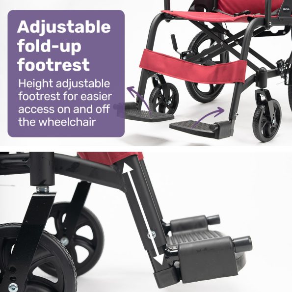 Equipmed Folding Transit Wheelchair| Lightweight Aluminium for Easy Transport| Crimson Red - Image 10