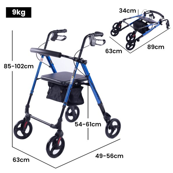 EQUIPMED 4 Wheel Lightweight Rollator Walker| Aluminium Frame| Seat| Carry Bag| for Seniors | Blue - Image 6