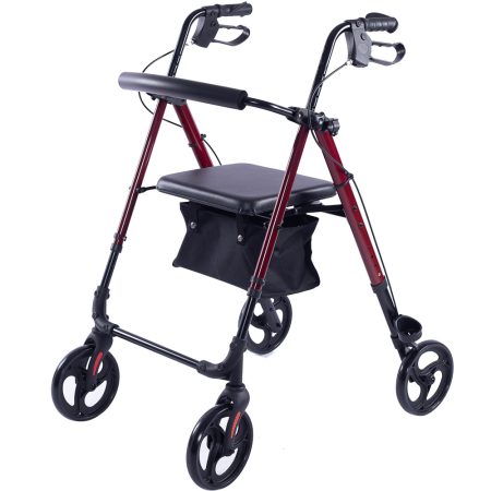 EQUIPMED 4 Wheel Lightweight Rollator Walker |  Aluminium Frame| Seat |Carry Bag | for Seniors | Red