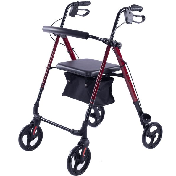 EQUIPMED 4 Wheel Lightweight Rollator Walker |  Aluminium Frame| Seat |Carry Bag | for Seniors | Red