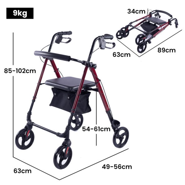 EQUIPMED 4 Wheel Lightweight Rollator Walker |  Aluminium Frame| Seat |Carry Bag | for Seniors | Red - Image 6