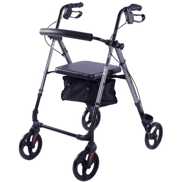 EQUIPMED 4 Wheel Lightweight Rollator Walker | Aluminium Frame | Seat | Carry Bag | for Seniors| Titanium Style