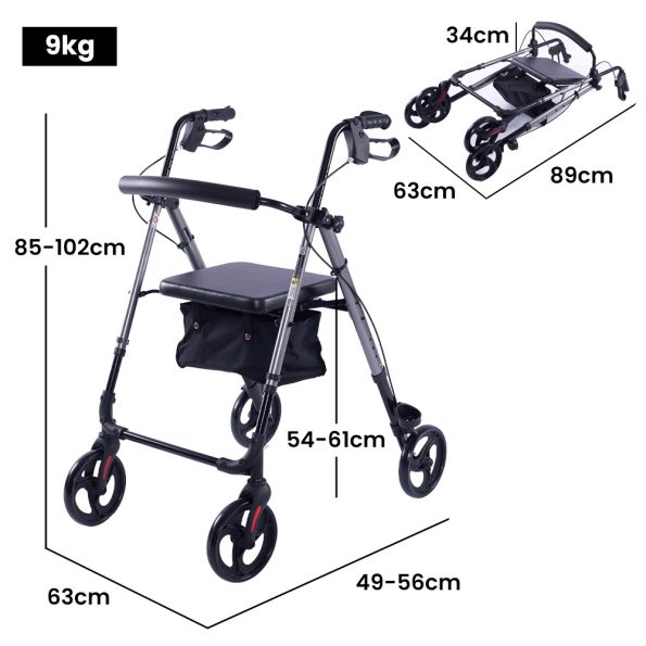 EQUIPMED 4 Wheel Lightweight Rollator Walker | Aluminium Frame | Seat | Carry Bag | for Seniors| Titanium Style - Image 6