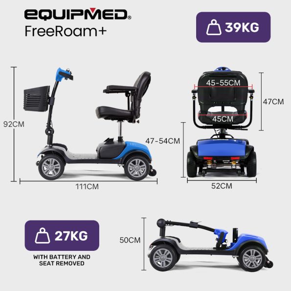 EQUIPMED FreeRoam+ Mid-Sized Lithium Fast Easy Charge Mobility Scooter| Blue - Image 2