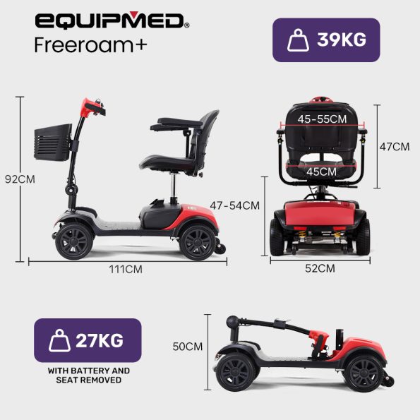 EQUIPMED FreeRoam+ Mid-Sized Lithium Fast Easy Charge Mobility Scooter| Red - Image 2