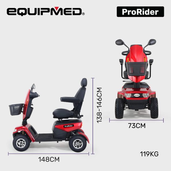 Equipmed ProRider Ultra Large-sized| High Power| Strong Climber| Varied Terrain 200kg Capacity Mobility Scooter - Red - Image 2