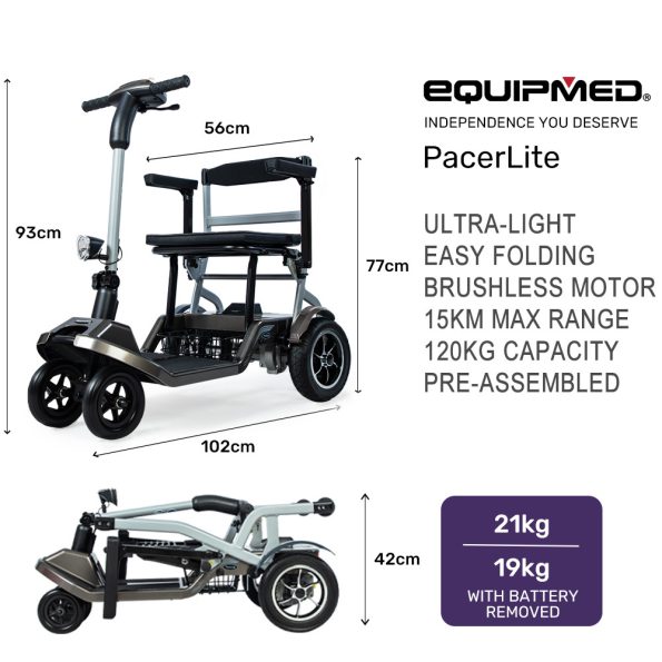 EQUIPMED Ultra-Lightweight Folding Electric Mobility Scooter| 19kg with Battery Removed| 120kg Capacity| Long Range| Brushless Motor| Portable - Image 2