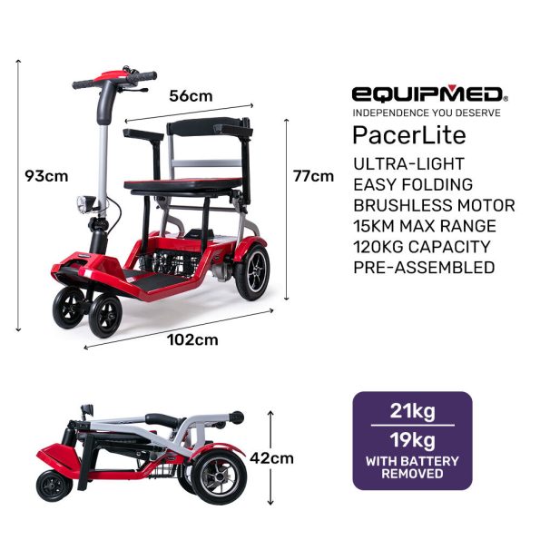 EQUIPMED Ultra-Lightweight Folding Electric Mobility Scooter| 19kg with Battery Removed| 120kg Capacity| Long Range| Brushless Motor| Portable| Red - Image 7