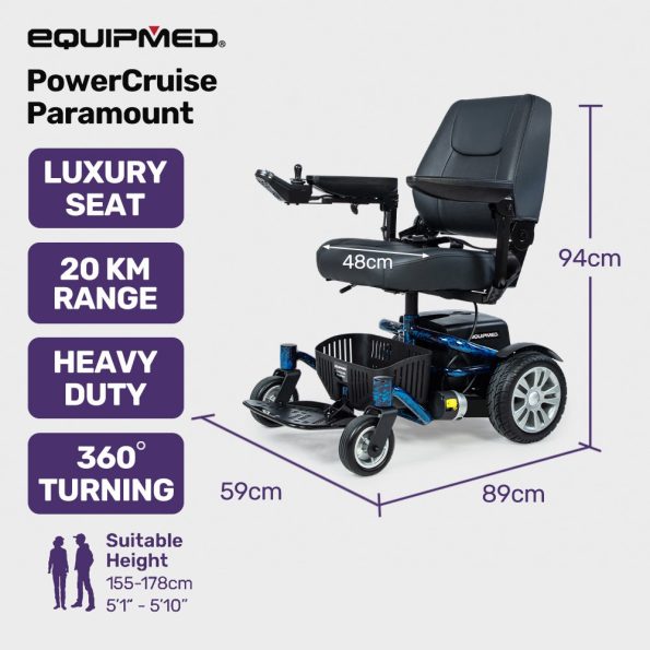 EQUIPMED Heavy Duty Electric Wheelchair| Up to 20km Range| Ultra-Comfortable| Great Turning Circle| Safe Stable Non-Slip Anti-Roll Back Power Chair| Blue - Image 10