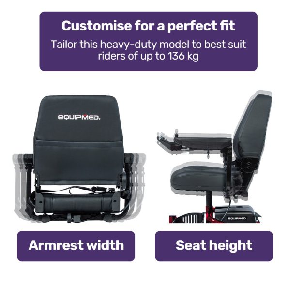 EQUIPMED Heavy Duty Electric Wheelchair| Up to 20km Range| Ultra-Comfortable| Great Turning Circle| Safe Stable Non-Slip Anti-Roll Back Power Chair|Red - Image 6