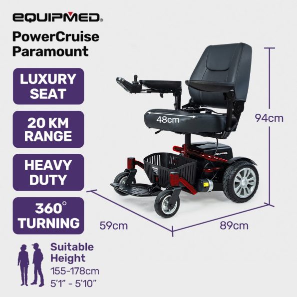 EQUIPMED Heavy Duty Electric Wheelchair| Up to 20km Range| Ultra-Comfortable| Great Turning Circle| Safe Stable Non-Slip Anti-Roll Back Power Chair|Red - Image 10