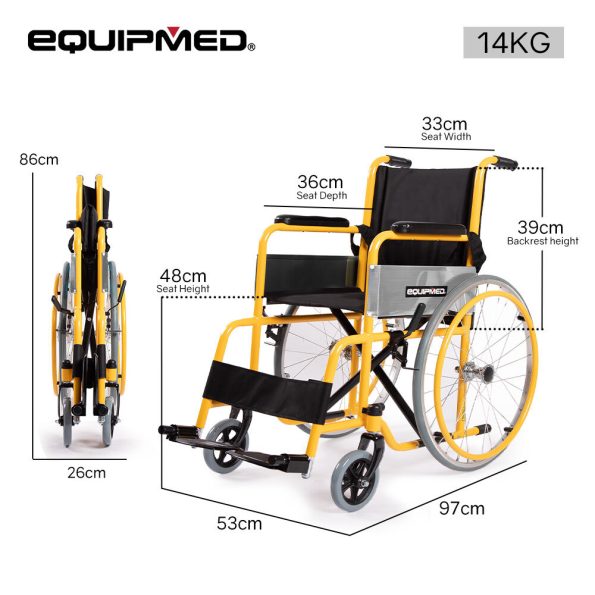 EQUIPMED Kids Paediatric Wheelchair |  110-140cm Rider Height | 22" Wheels | Yellow - Image 11