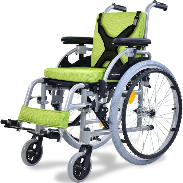 EQUIPMED Kids Premium Paediatric Wheelchair | Lightweight Aluminium | 22 Wheels  75kg Rated Green
