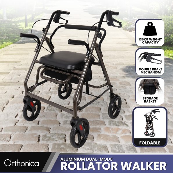 Orthonica Foldable Steel Frame Rollator Walker Lightweight Mobility Aid in Grey - Image 2
