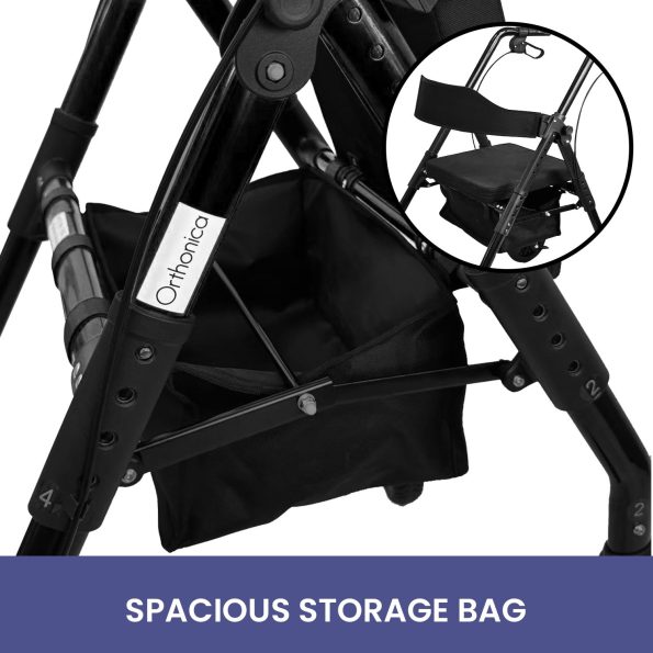 Orthonica Foldable Mobility Steel Rollator 136kg Max Capacity Black - Image 8