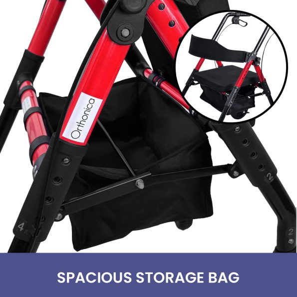 Orthonica Foldable Mobility Steel Rollator 136kg Max Capacity Red - Image 8