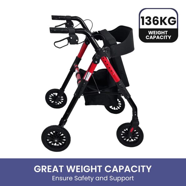 Orthonica Foldable Mobility Steel Rollator 136kg Max Capacity Red - Image 9