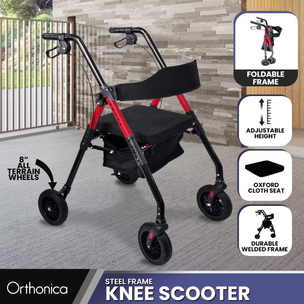 Orthonica Foldable Mobility Steel Rollator 136kg Max Capacity Red - Image 11