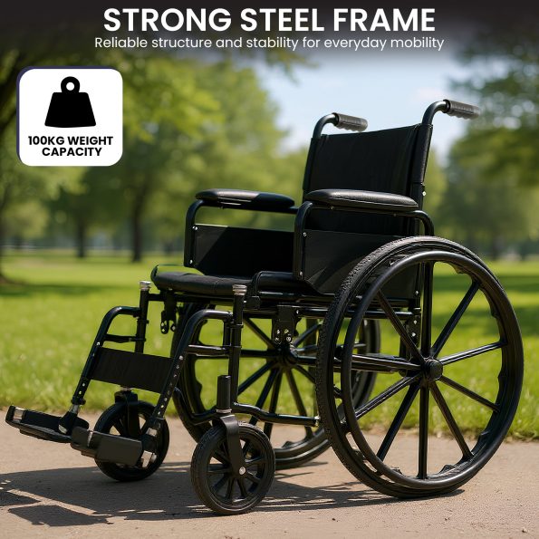 Orthonica New Steel Wheelchair In Black Foldable Lightweight Disability Aid Portable Heavy-duty 24-inch Adjustable Footrest Steel Frame - Image 5