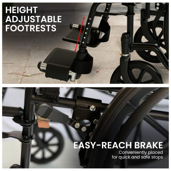 Orthonica New Steel Wheelchair In Black Foldable Lightweight Disability Aid Portable Heavy-duty 24-inch Adjustable Footrest Steel Frame - Image 7