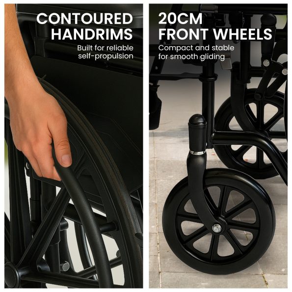 Orthonica New Steel Wheelchair In Black Foldable Lightweight Disability Aid Portable Heavy-duty 24-inch Adjustable Footrest Steel Frame - Image 8