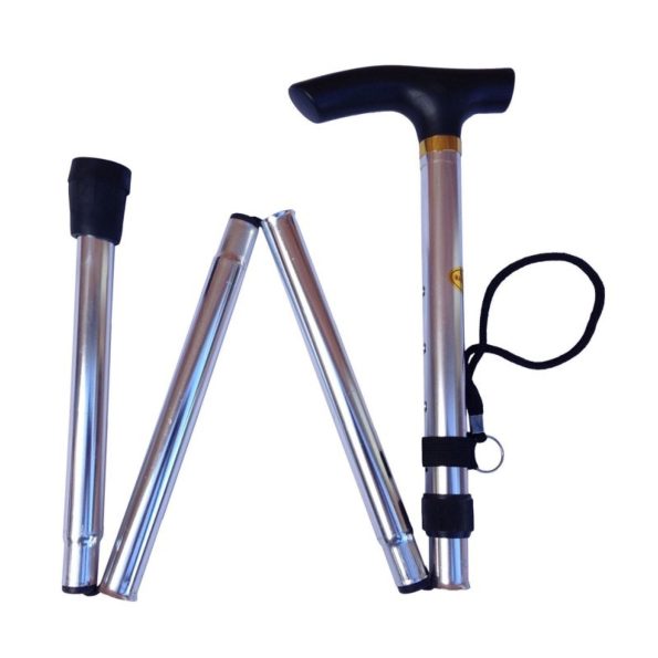 Adjustable Metal WALKING STICK Travel Cane Folding Pole Compact Retractable Hike - Silver - Image 2