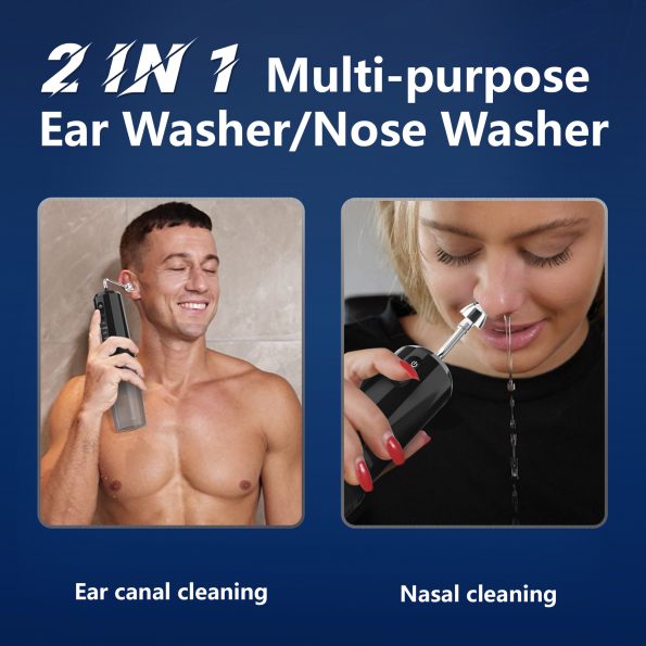 Rechargeable 2-in-1 Electric Ear & Nasal Cleaner Kit - IPX7 Waterproof| 4 Pressure Modes| Safe-Spray Nozzles(black) - Image 6