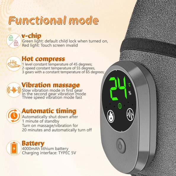 Rechargeable Heated Vibration Knee Massager Brace - 3 Heat & 3 Vibration Levels for Joint Pain Relief(Grey) - Image 10
