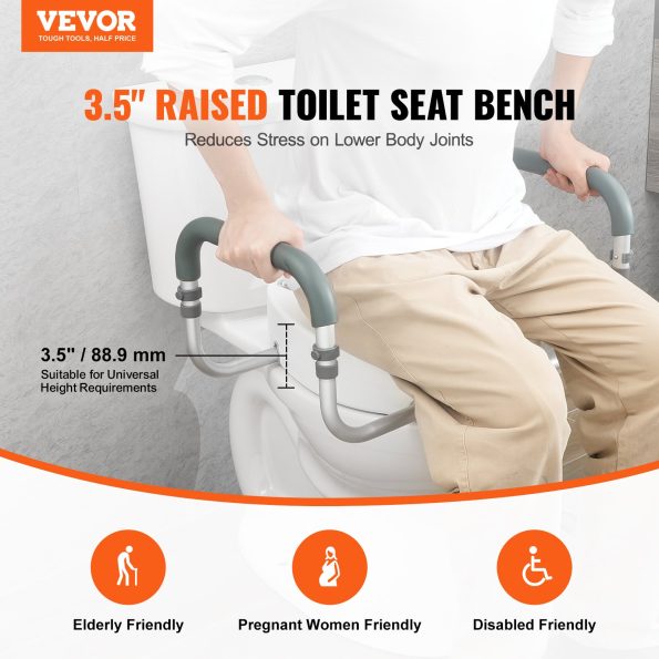 VEVOR Raised Toilet Seat| 88.9 mm Height Raised| 136 kg Weight Capacity| for Standard Round Toilet| Aluminum Handrail| with EVA Armrest Padding - Image 2