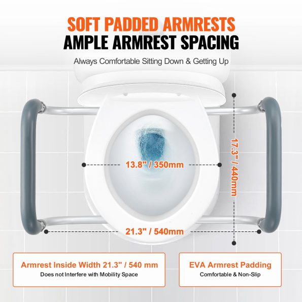 VEVOR Raised Toilet Seat| 88.9 mm Height Raised| 136 kg Weight Capacity| for Standard Round Toilet| Aluminum Handrail| with EVA Armrest Padding - Image 4
