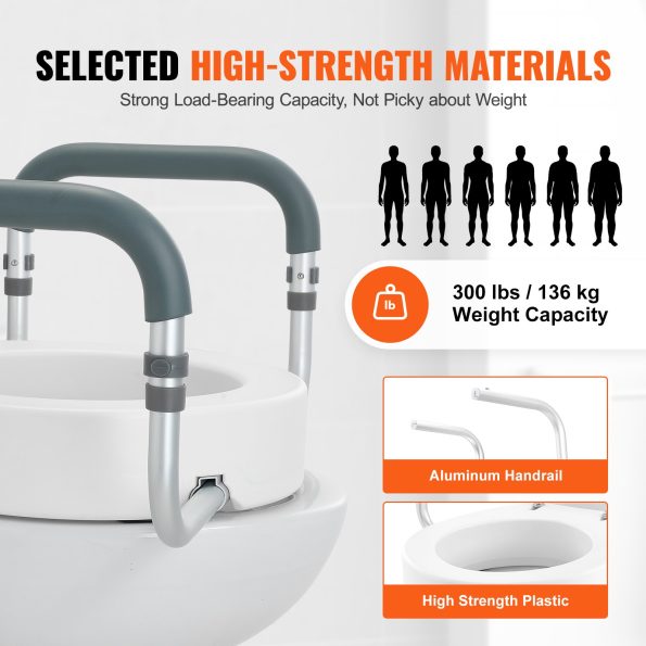 VEVOR Raised Toilet Seat| 88.9 mm Height Raised| 136 kg Weight Capacity| for Standard Round Toilet| Aluminum Handrail| with EVA Armrest Padding - Image 5