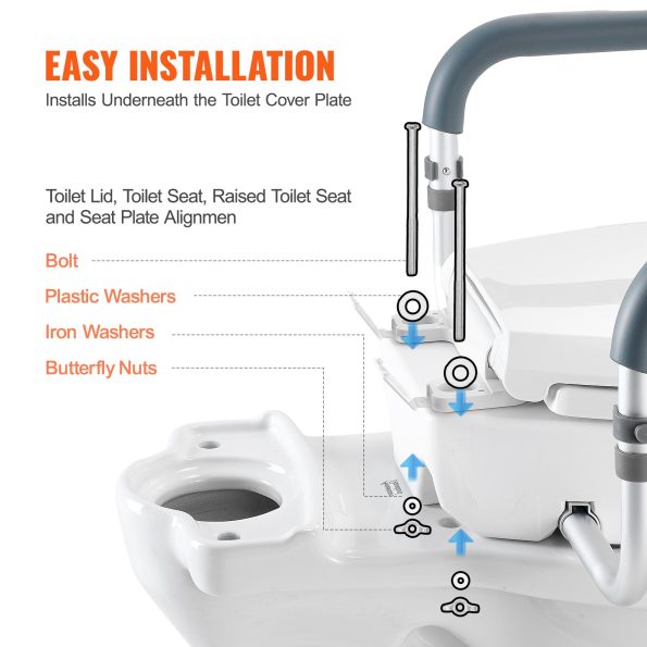 VEVOR Raised Toilet Seat| 88.9 mm Height Raised| 136 kg Weight Capacity| for Standard Round Toilet| Aluminum Handrail| with EVA Armrest Padding - Image 6