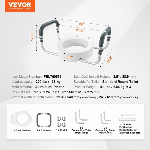 VEVOR Raised Toilet Seat| 88.9 mm Height Raised| 136 kg Weight Capacity| for Standard Round Toilet| Aluminum Handrail| with EVA Armrest Padding - Image 7