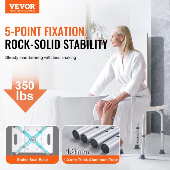 VEVOR Shower Chair| Adjustable Height Shower Stool with Built-in Handles| Shower Seat for Inside Shower or Tub| Non-Slip Bench Bathtub Stool Seat for Elderly Disabled Handicap| 158.8 kg Capacity - Image 2