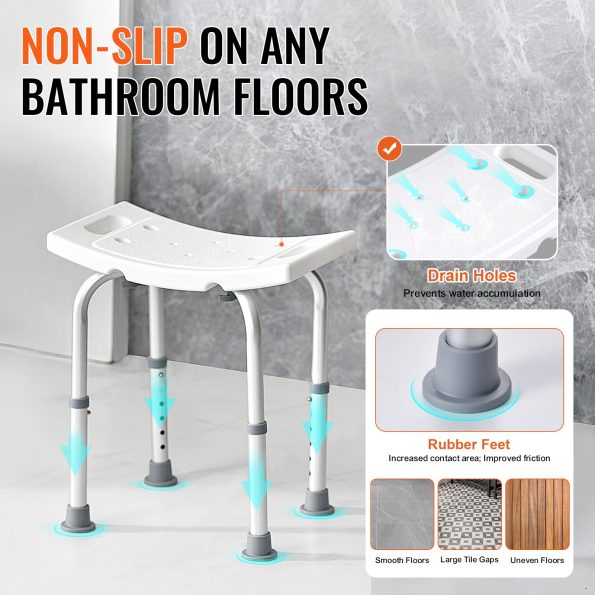 VEVOR Shower Chair| Adjustable Height Shower Stool with Built-in Handles| Shower Seat for Inside Shower or Tub| Non-Slip Bench Bathtub Stool Seat for Elderly Disabled Handicap| 158.8 kg Capacity - Image 3