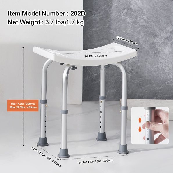 VEVOR Shower Chair| Adjustable Height Shower Stool with Built-in Handles| Shower Seat for Inside Shower or Tub| Non-Slip Bench Bathtub Stool Seat for Elderly Disabled Handicap| 158.8 kg Capacity - Image 6