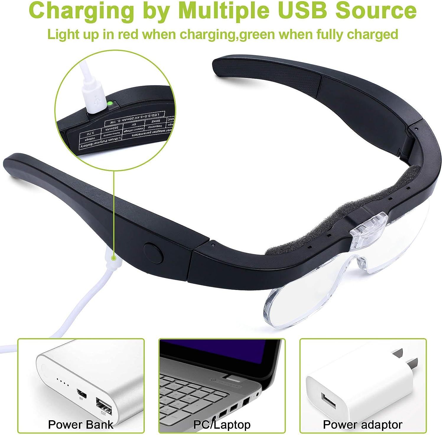 Headband Magnifier Rechargeable Magnifying Glass with LED Light Hands Magnifying Glass for Reading Interchangeable Magnification