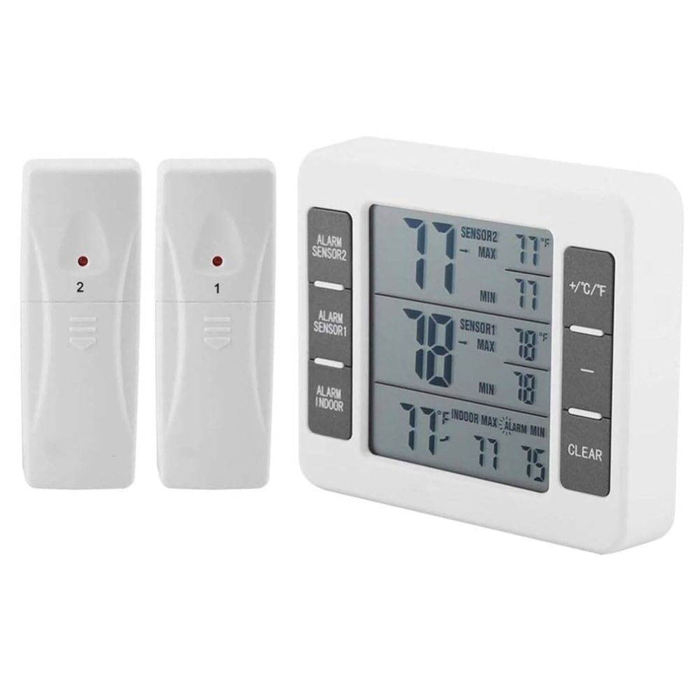 Refrigerator Thermometer,Digital Freezer Thermometer with 2 Sensors,Wireless Indoor Outdoor Temperature Monitor with Big LCD Display,Min/Max,Audible Alarm for Home Restaurants Fridge