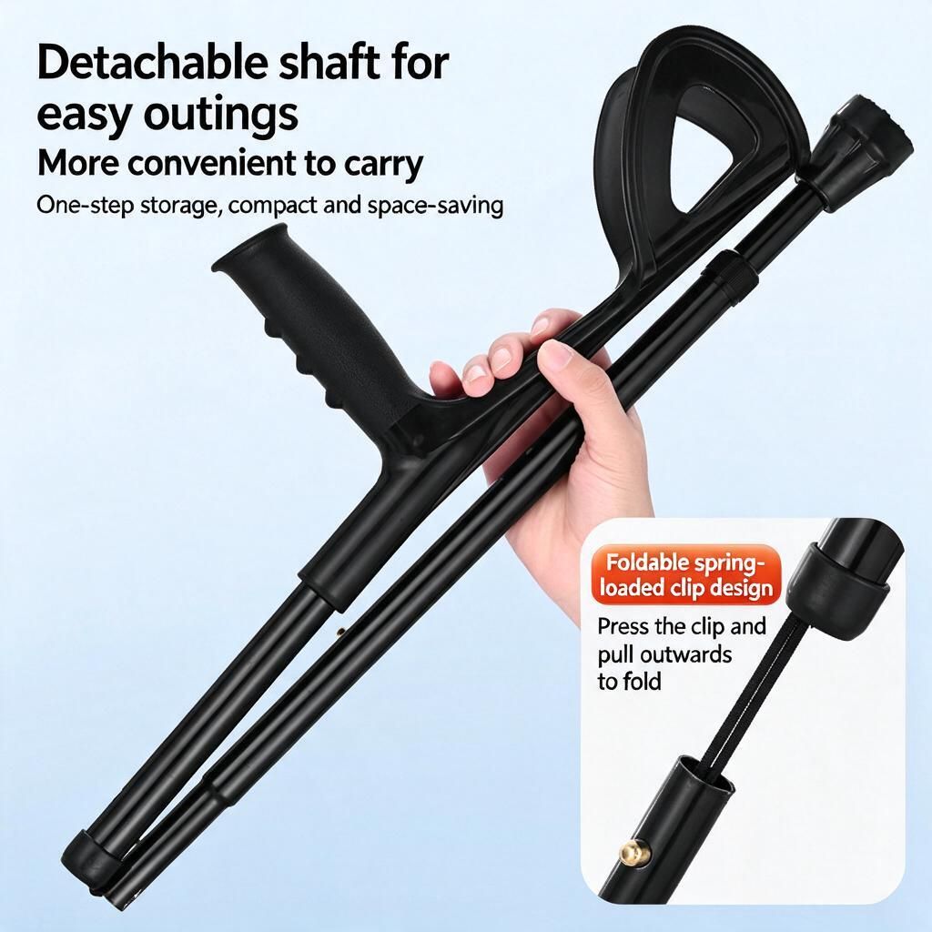 Foldable Aluminium Forearm Crutch Black 10-Level Adjustable Anti-Slip Walking Aid Outdoor Travel - Image 3
