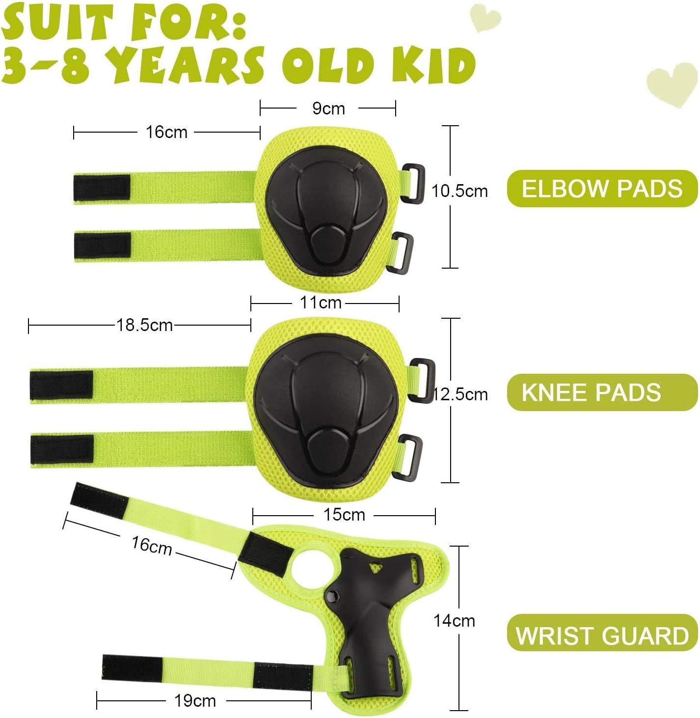 6PCS Kids Protective Gear Set Wrist Guards Knee Pads Elbow Pads for Skateboard Roller Skating Biking Scooter, Size S, Green - Image 2