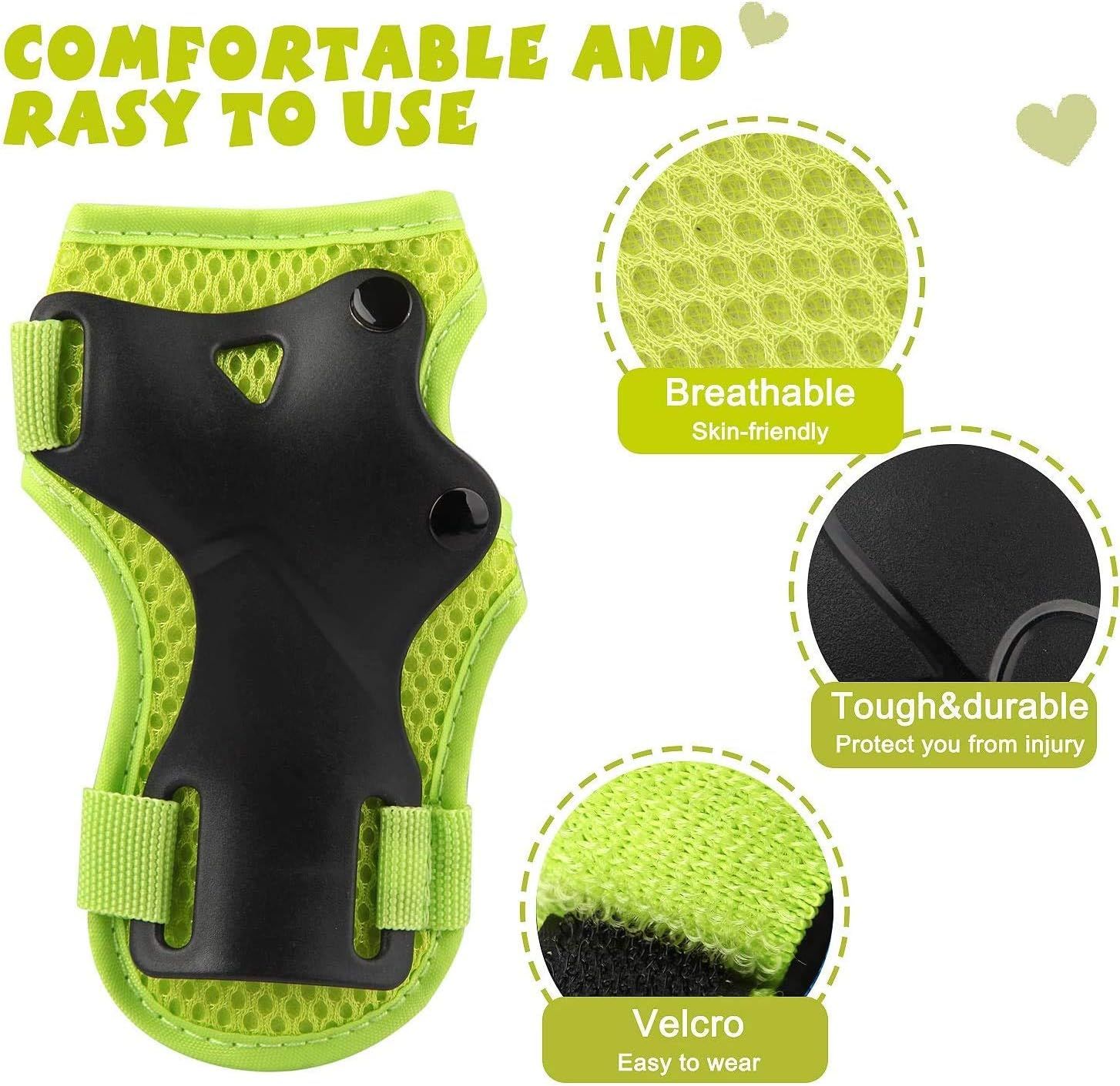 6PCS Kids Protective Gear Set Wrist Guards Knee Pads Elbow Pads for Skateboard Roller Skating Biking Scooter, Size S, Green - Image 3