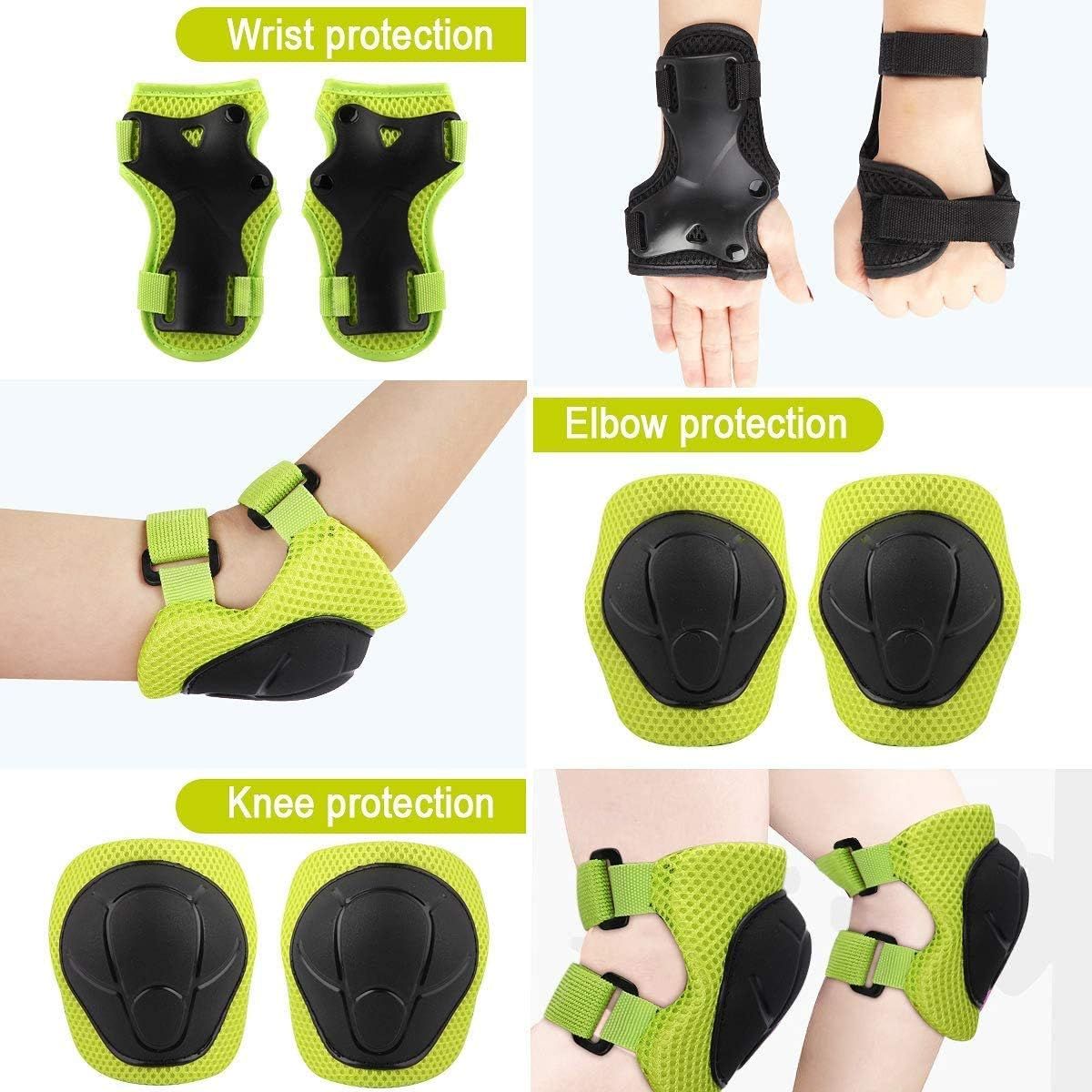 6PCS Kids Protective Gear Set Wrist Guards Knee Pads Elbow Pads for Skateboard Roller Skating Biking Scooter, Size S, Green - Image 4
