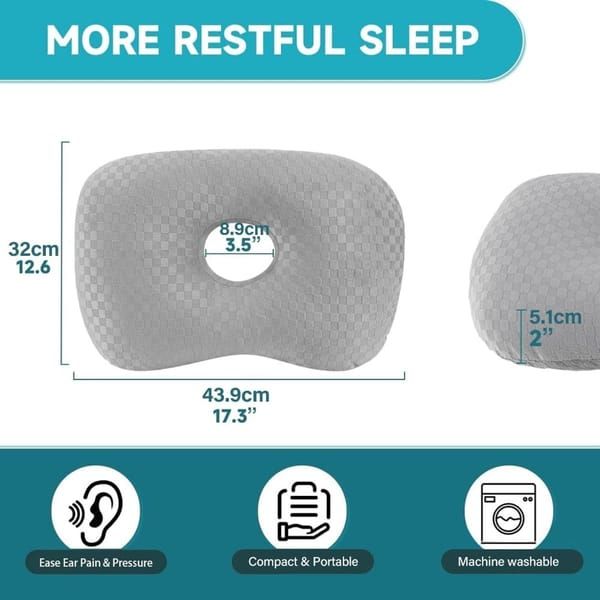 Ear Piercing Pillow for Side Sleepers, Donut Pillow with Ear Hole, Pain Relief Ear Guard Pillow, Grey, 32 x 44cm - Image 2