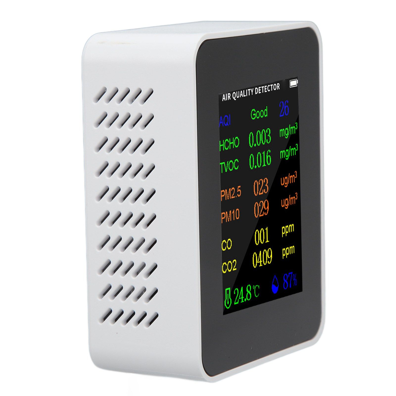 Air Quality Monitor Carbon Dioxide Detector Accurate Tester for CO CO2 PM2.5 TVOC HCHO Temperature Humidity Alarm Mode White