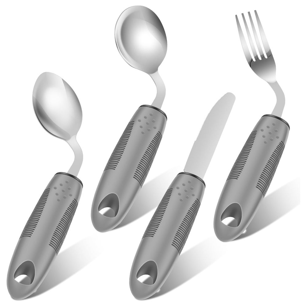 4PCS Adaptive Utensils Set, 42° Angled Parkinsons Utensils, Stainless Steel Knife, Fork, Spoons for Hand Tremors Arthritis, Parkinson’s Elderly use